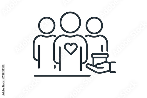 Volunteering and charity concept icon. Group of people representing community, unity, and teamwork. Hand with donation box for support, social help, and fundraising.