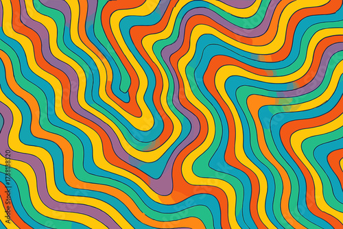 Psychedelic 1960s hippie wallpaper design. Trippy background for 60s 70s parties. Bright acid rainbow colors. Groovy geometric wavy pattern. Abstract simple vector art.