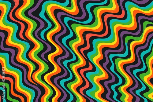1960s hippie wallpaper design. Trippy background for psychedelic 60s 70s parties. Bright acid rainbow colors, groovy wavy seamless pattern. Simple retro vintage vector art.