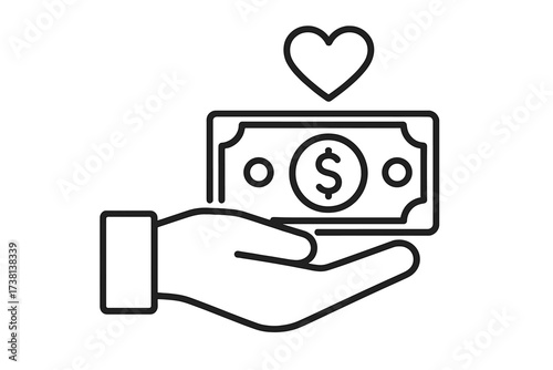 Donation and charity icon. Hand holding money with a heart symbol. Concept of giving, financial support, sponsorship, and funding. Volunteer and social responsibility pictogram.