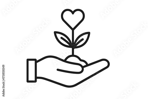 Hand holding plant with heart flower. Love for nature, new life and growth concept. Vector icon for ecology, environment care, sustainability, charity, donation, investment.