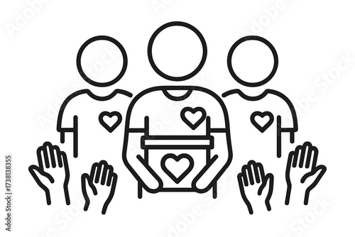 Volunteers group icon. Metaphor for charity, donation, social work, community, and unity. Teamwork and collaboration symbol. People helping and giving support. Vector pictogram.