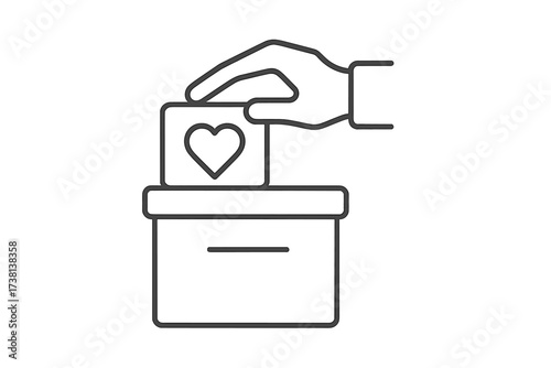 Hand putting heart in donation box icon. Concept of charity, care, giving, and support. Metaphor for love, contribution, volunteering, solidarity, and community help. Line art.