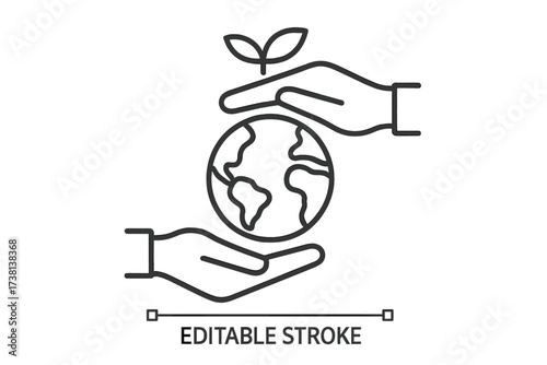 Hands protecting Earth icon with growing plant. Concept for sustainability, ecology, global responsibility, nature conservation, environmental care, growth, and Earth Day. Vector.