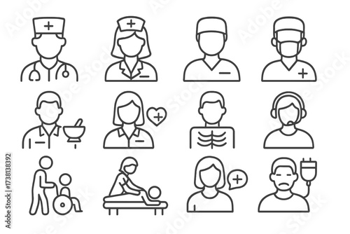 Healthcare jobs & medical professions icon set. Thin line vector icons of doctor, nurse, surgeon, hospital staff. For health services, clinical care, therapy, patient. Editable stroke.