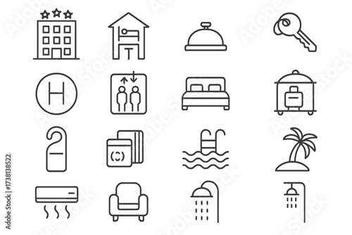 Hotel and accommodation line icon set. Editable stroke symbols for travel services, guest rooms, hospitality, amenities, vacation, resort facilities, booking, and holiday stays.