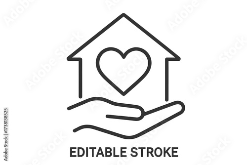 House with heart in hand icon. Concept for home care, family love, and support. Symbol for charity, shelter, safe housing, real estate, or insurance. Vector thin line illustration.