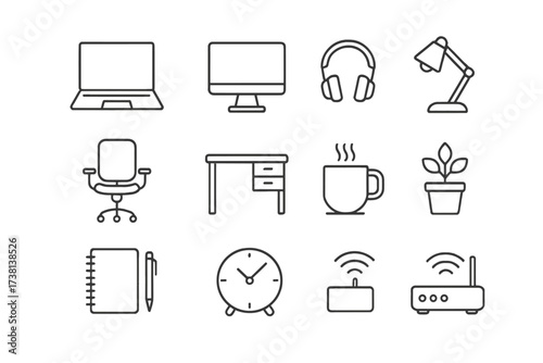 Home office essential objects icon set. Thin line editable stroke icons for remote work, workspace setup, and productivity. Business equipment pictogram collection for freelance.