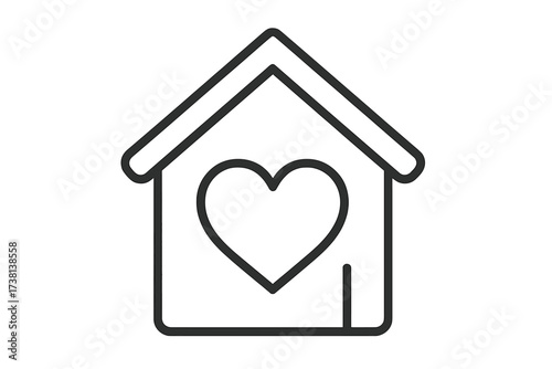 House with heart icon. Home love, care, and safety symbol. Real estate, family support, shelter sign. Vector line art illustration for charity, community, and social services.