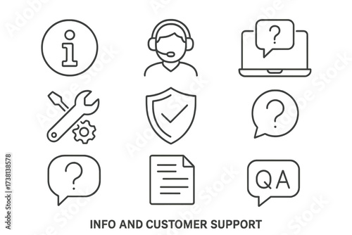 Customer support and help desk line icon set. Vector symbols for call center, online assistance, technical support, data protection, info, and Q&A. Editable stroke icons.