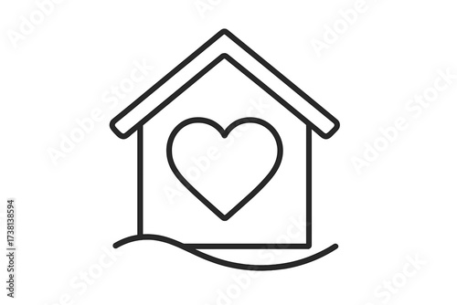 House with heart icon for home care, safe housing, and family support. Concept of love, shelter, community, and charity. Vector thin line logo for real estate or insurance.