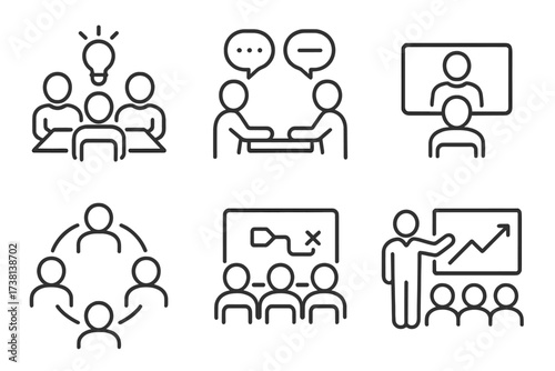 Business meeting and collaboration icon set. Editable stroke line icons for teamwork, workshop, brainstorming, strategy, presentation, remote work, video conference, growth.