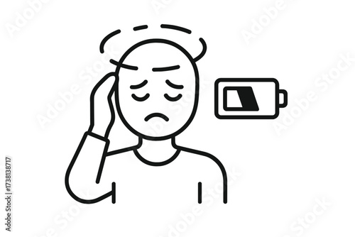 Mental fatigue icon showing burnout, professional exhaustion, and stress. Concept for depression, chronic tiredness, and headache. Tired person with low energy battery metaphor.