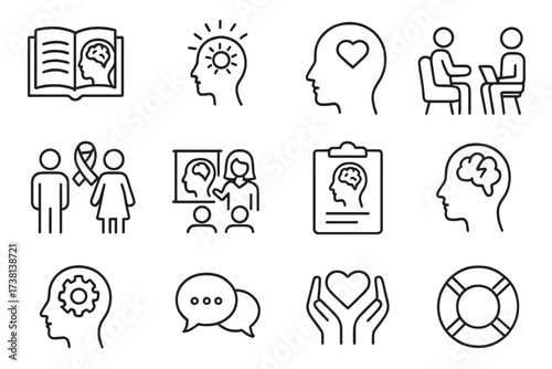 Mental health and psychology thin line icon set. Vector symbols for psychotherapy, counseling, awareness, education, support group, positive thinking, and emotional wellness.
