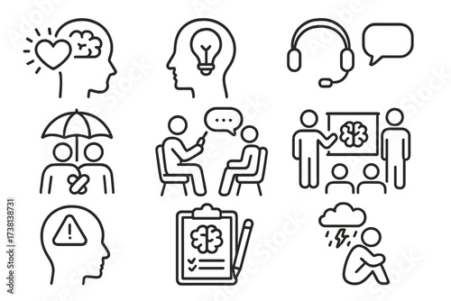 Mental health education icon set. Psychology, psychotherapy, support, and awareness concepts. Thin line editable stroke icons for therapy, counseling, workshop, depression.