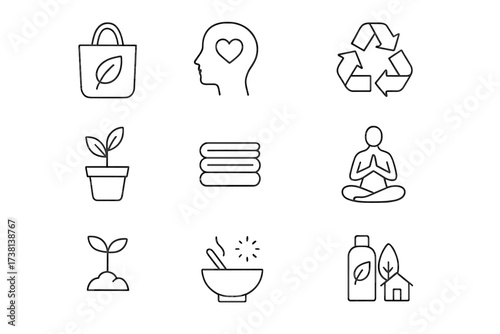 Minimalist mindful living thin line icon set. Sustainability, wellness, slow lifestyle, holistic wellbeing outline vector illustrations. Eco friendly, recycle, yoga, meditation.