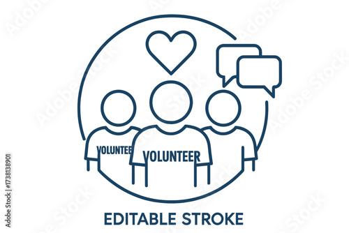 Volunteers group line icon. Concept of charity, community, social work, and support. Team of people helping, dialogue, communication. Empathy, love, donation symbol.