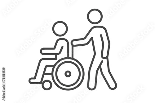 Disability care icon. Person in wheelchair with caregiver. Medical assistance and support for handicapped patient. Nurse or volunteer helping invalid person. Vector line symbol.