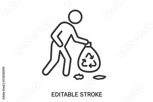 Person collecting trash icon. Environment cleanup, recycling, responsibility concept. Volunteer picking up garbage. Waste sorting, disposal. Editable stroke vector illustration.