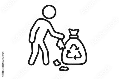 Man collecting trash vector line icon. Person throwing garbage in a recycling bag. Environmental cleanup, volunteering, waste sorting, responsibility and eco care concept.