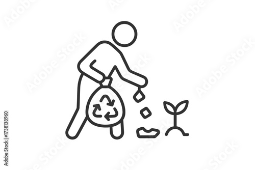 Person collecting trash linear icon. Environment cleanup, recycling, responsibility. Man picking up litter. Volunteer cleaning nature from pollution. Ecology care concept.