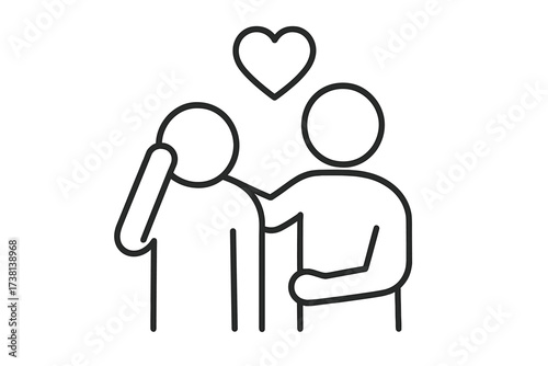 Compassion and empathy icon. Person comforting sad friend. Emotional support, helping others, kindness concept. Mental health care, grief and stress counseling vector line art.