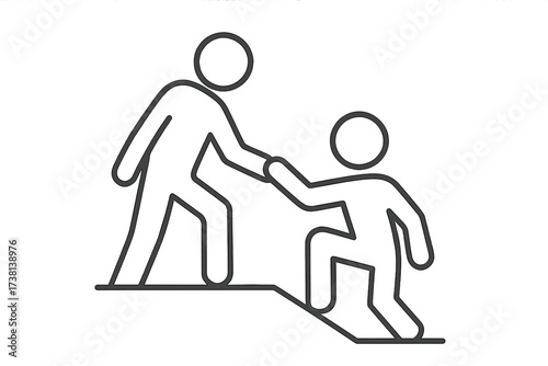 Person giving helping hand icon. Concept for support, guidance, mentorship, assistance, and teamwork. Man helps another to climb up. Symbol of progress, partnership, success.