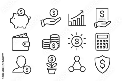 Personal finance thin line icon set. Money management and investment concepts. Vector outline symbols for banking, budget planning, savings, wealth growth and financial protection.