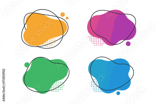 Set of modern organic shapes with colorful gradients. Fluid vector elements for trendy design. Abstract amoeba-like blobs serve as template graphics, banners, or frames for text.