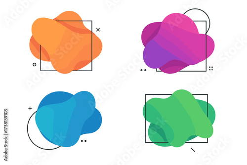 Set of abstract liquid shapes. Fluid vector elements. Modern trendy amoeba banner with vibrant gradient color. Dynamic organic blob frames for text. Graphic design template.