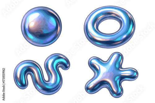 Set of 3D chrome abstract liquid shapes. Inflated metallic objects collection. Realistic y2k holographic fluid elements for modern futuristic design aesthetics and graphic resources.