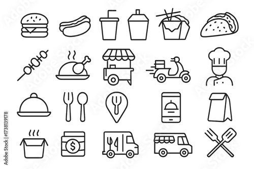 Street food and restaurant line icon set. Fast food, delivery, takeaway vector symbols. Burger, taco, food truck, chef, and menu icons for culinary branding and apps.