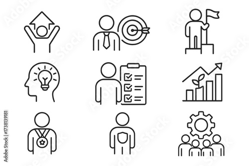 Success icon set. Thin line editable stroke icons for personal growth, career goals, leadership, productivity, motivation, achievement, resilience, teamwork and growth mindset.