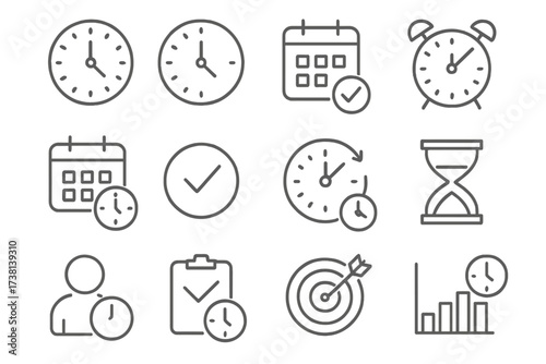 Thin line editable stroke icons set for clocks, calendars, time management, productivity, deadlines, schedules, business efficiency, hourglass, checklists, target goals, analytics, teamwork concepts