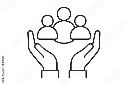 Community protection and social care concept. Two hands holding diverse group of people icon. Safety, inclusivity, belonging, group support, unity, helping, welfare, teamwork. Editable stroke vector.