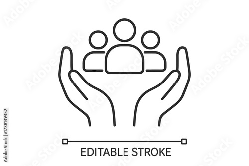 Inclusive community support and group care concept with protective hands holding diverse people icon, social safety, belonging, cooperation, mutual aid, teamwork, editable stroke vector illustration