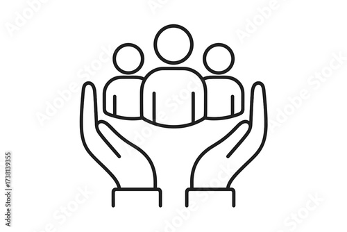 Inclusive group support icon, two hands holding people symbolizing safety, social care, belonging, teamwork, community protection, thin line vector illustration, editable outline for social projects