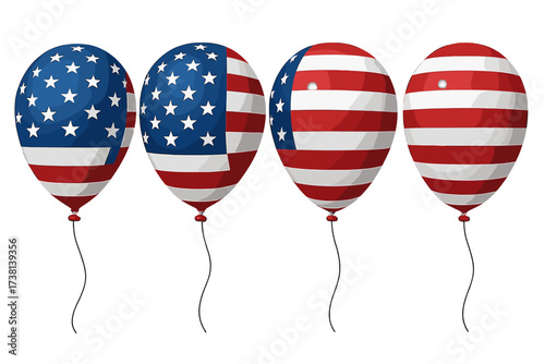 3D render set of USA flag balloons on transparent background. Patriotic American helium balloons for Independence Day, 4th of July celebration. National holiday vector element.