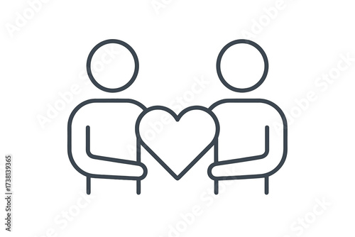 Two people holding heart icon symbolizing love, compassion, unity, caring partnership, empathy, mutual support, togetherness, charity, friendship, relationship concept, vector thin line illustration