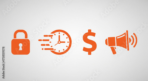 Dynamic icons representing security, time, money, and promotion convey essential business concepts for growth and success