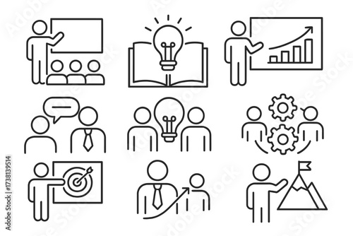 Workshop and training icon set. Editable thin line stroke icons for education, learning, business coaching, teamwork, professional development, creativity, mentoring, skills, goal achievement.