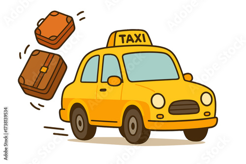 Fast yellow taxi losing luggage from the roof. Cute cartoon car in a hurry. Travel, transportation, tourism concept. Lost baggage, bad service, vacation problem. Vector illustration.