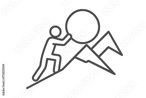 Sisyphus metaphor thin stroke vector icon, person pushing large rock uphill on mountain, struggle, determination, inner strength, perseverance, resilience, willpower, motivation concept illustration