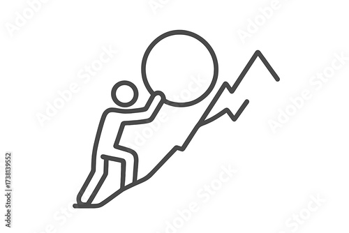 Minimalist line icon of determined person pushing large rock uphill on mountain, symbolizing persistence, strength, resilience, overcoming challenges, ambition and success in adversity