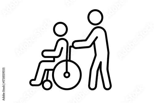 Disability assistance icon, person pushing wheelchair, support for disabled, accessibility, caregiver help, thin line vector, inclusive medical care, editable stroke illustration, concept design