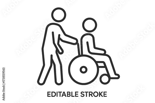 Wheelchair assistance icon with person helping disabled individual, accessibility support, caregiver and disability aid, thin line vector illustration, editable stroke, inclusive care concept