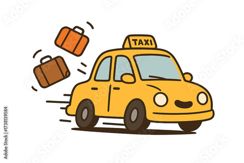 Yellow taxi cab rushes, losing passenger luggage. Concept for fast transport service, airport transfer, travel, vacation. Cute funny car character. Vector flat illustration design.