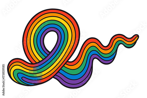 Abstract rainbow wavy line with loop. Vector graphic with bold outlines in rainbow colors. Colorful fluid wave pattern. Squiggly design element for pride month and LGBTQ concept.