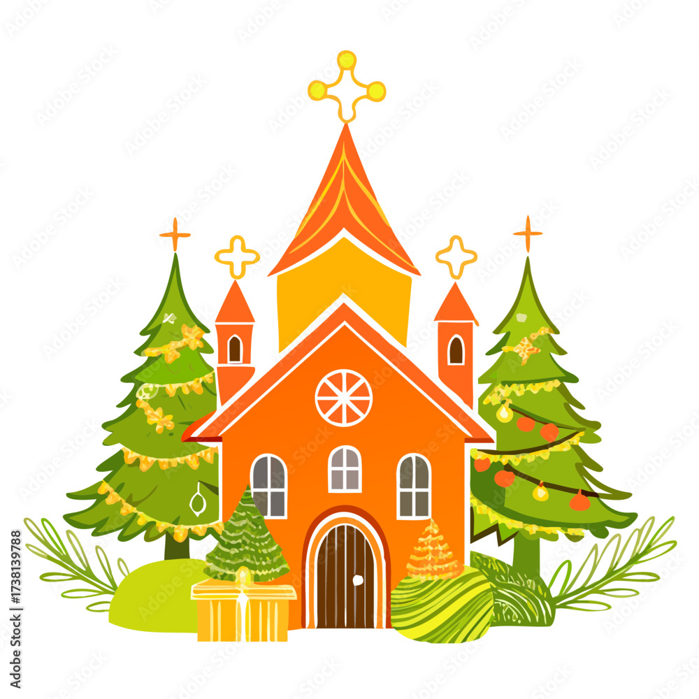 Fototapeta premium Christmas church with decorated trees and gift box in winter setting 