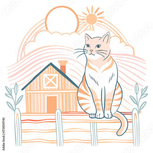 Orange cat sitting on a fence in front of farmhouse landscape  